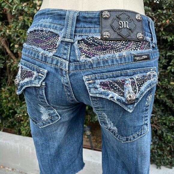 Vintage Y2K Miss Me Bedazzled Blue Jean Denim Cut-Off Shorts 27 Low Rise - Picture 1 of 10